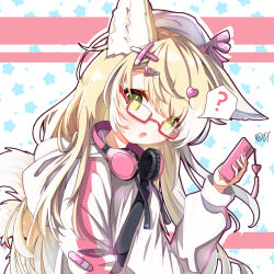 Rule 34 | 1girl, ?, absurdres, alternate costume, animal ear fluff, animal ears, arknights, cellphone, chinese commentary, colored tips, commentary request, fox ears, fox girl, fox tail, glasses, green eyes, headphones, headphones around neck, highres, holding, holding phone, hood, hood down, hooded jacket, jacket, kitsune, kyuubi, long hair, long sleeves, multicolored hair, multiple tails, open mouth, phone, puffy long sleeves, puffy sleeves, semi-rimless eyewear, smartphone, solo, speech bubble, spoken question mark, suzuran (arknights), tail, two-tone hair, under-rim eyewear, upper body, white hair, white headwear, yunduan tianshang de long yt