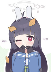 Rule 34 | 1girl, absurdres, animal ears, black hair, blue archive, blunt bangs, blush, chromatic aberration, closed mouth, fake animal ears, flashlight, hair ornament, highres, long hair, looking at viewer, miyu (blue archive), neckerchief, one eye closed, rabbit ears, red eyes, sailor collar, school uniform, simple background, solo, upper body, walter (diereinewelt), white background