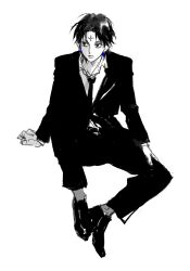 Rule 34 | 1boy, absurdres, black eyes, black hair, black necktie, black suit, chrollo lucilfer, cross tattoo, earrings, facial mark, facial tattoo, forehead mark, forehead tattoo, formal, full body, hhkashi, highres, hunter x hunter, jewelry, long sleeves, looking to the side, male focus, necktie, shirt, short hair, simple background, sitting, solo, suit, tattoo, white background, white shirt