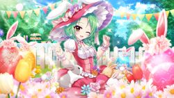 Rule 34 | 1girl, animal ears, blue sky, blurry, blurry foreground, bowl, braid, breasts, cleavage, cloud, cup, day, dot nose, dress, drinking glass, easter, easter egg, egg, fake animal ears, fence, film grain, flower, game cg, grass, green hair, izumi tsubasu, lens flare, long braid, long hair, medium breasts, neck garter, non-web source, official art, on ground, one eye closed, open mouth, outdoors, pink dress, pink headwear, puffy short sleeves, puffy sleeves, rabbit, rabbit ears, re:stage!, shirokita kuroha, short sleeves, single braid, sitting, sky, smile, solo, sparkle, string of flags, table, tablecloth, tiered tray, tree, tulip, underbust, white fence, white flower, white wrist cuffs, wide brim, wooden fence, wrist cuffs, yellow eyes, yellow flower, yellow tulip