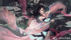 Rule 34 | 1girl, brown hair, dark background, fighting stance, hair ornament, highres, jewelry, multicolored clothes, ponytail, qinshi mingyue, reverse grip, ring, shao siming (qin shi ming yue), smile, solo, sword, weapon, yi qu pipa si ying lian