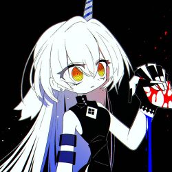 Rule 34 | 1girl, 1other, :o, @ @, armband, bare shoulders, black background, black gloves, black nails, black shirt, blood, blood on hands, blood splatter, blue armband, blue blood, bow, colored skin, earrings, eyes visible through hair, funamusea, funamusea (artist), gloves, hair between eyes, hair bow, highres, holding hands, horns, jewelry, long hair, nortkele elektron, official art, open mouth, out of frame, outline, shirt, simple background, single horn, single tear, sleeveless, sleeveless shirt, solo focus, unicorn horn, white bow, white hair, white outline, white skin, yellow eyes