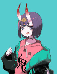Rule 34 | 1girl, black jacket, blue background, blue jacket, blush, bob cut, breasts, choker, collarbone, contemporary, dai yasude, drawstring, eyeliner, fate/grand order, fate (series), headpiece, highres, horns, jacket, long sleeves, looking at viewer, makeup, multicolored clothes, multicolored jacket, off shoulder, oni, open clothes, open jacket, open mouth, pink sweater, purple eyes, purple hair, short hair, shuten douji (fate), shuten douji (under the same sky) (fate), simple background, skin-covered horns, small breasts, smile, sweater, two-tone jacket