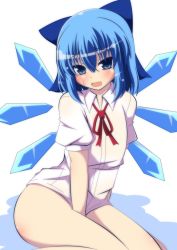 Rule 34 | 1girl, blue eyes, blue hair, blush, bottomless, bow, cirno, covering privates, covering crotch, hair bow, ice, ice wings, looking at viewer, masiromu, matching hair/eyes, naked shirt, no pants, open mouth, puffy sleeves, shirt, short hair, sitting, solo, sweatdrop, touhou, wariza, wings