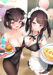 Rule 34 | 2girls, absurdres, animal ears, apron, bad id, bad pixiv id, balloon, bare shoulders, black legwear, black leotard, blue eyes, blurry, blurry background, blush, breast press, breasts, brown hair, burger, cleavage, collarbone, commentary request, covered navel, cup, detached collar, drink, drinking straw, earrings, fake animal ears, fishnet legwear, fishnets, food, frills, heart, highres, indoors, jewelry, kazanock, large breasts, leotard, long hair, looking at viewer, maid, midriff, multiple girls, navel, omelet, omurice, open mouth, original, pantyhose, playboy bunny, rabbit ears, red eyes, short hair, short sleeves, smile, strapless, symmetrical docking, tea, teacup, tears, thighhighs, thighs, tongue, tongue out, tray, two side up, wrist cuffs, zettai ryouiki