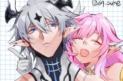 1boy 1girl black_horns blue_eyes closed_mouth commentary commentary_request diabolic_kevin_(honkai_impact) elf elysia_(herrscher_of_human:_ego)_(honkai_impact) elysia_(honkai_impact) gloves grid_background highres honkai_(series) honkai_impact_3rd horns kaneaki_mukku kevin_kaslana long_hair open_mouth pink_hair pointy_ears portrait smile twitter_username white_gloves white_hair