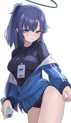 Rule 34 | 1girl, absurdres, black buruma, black shirt, blue archive, blue eyes, blue hair, blue jacket, blush, bottle, breasts, buruma, closed mouth, commentary, contrapposto, cowboy shot, gym uniform, halo, highres, holding, holding bottle, id card, impossible clothes, impossible shirt, jacket, jun daniell, lanyard, long hair, looking at viewer, mechanical halo, medium breasts, off shoulder, official alternate costume, open clothes, open jacket, partially unzipped, ponytail, shirt, short sleeves, simple background, solo, standing, star sticker, sticker on face, sweatdrop, taut clothes, taut shirt, thighs, track jacket, water bottle, white background, yuuka (blue archive), yuuka (track) (blue archive)