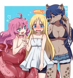 Rule 34 | 1other, 2girls, @ @, animal nose, bikini, bikini top only, blue eyes, broken halo, brown eyes, commentary request, crimvael, denim, denim shorts, elza (ishuzoku reviewers), furry, furry female, furry with non-furry, halo, hyena, hyena ears, hyena girl, interspecies, ishuzoku reviewers, monster girl, multiple girls, okpa, pbum, scylla, short eyebrows, short shorts, shorts, spotted fur, suction cups, swimsuit, tentacles, torn clothes, torn shorts