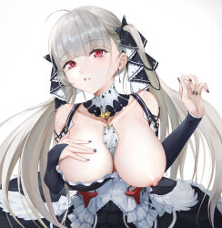 Rule 34 | 1girl, ahoge, azur lane, bare shoulders, between breasts, black dress, black nails, blush, breasts, cleavage, dress, earrings, formidable (azur lane), frilled dress, frills, grey hair, hair ribbon, highres, jewelry, large breasts, long hair, long sleeves, looking at viewer, nail polish, natsugou shinogi, nipples, one breast out, parted lips, red eyes, ribbon, rigging, simple background, solo, twintails, two-tone dress, two-tone ribbon, very long hair, white background