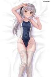 1girl blue_one-piece_swimsuit blush breasts brown_eyes competition_swimsuit covered_navel grey_hair hair_ribbon highleg highleg_one-piece_swimsuit highres kantai_collection kasumi_(kancolle) long_hair looking_at_viewer lying mizuki_(uzuki_no_sato) on_bed one-piece_swimsuit open_mouth ribbon side_ponytail small_breasts solo swimsuit thighhighs wet wet_clothes wet_swimsuit wet_thighhighs white_thighhighs