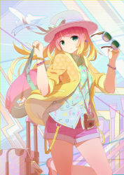 Rule 34 | 1girl, aircraft, airplane, bad id, bad pixiv id, bag, bracelet, camera, earrings, unworn eyewear, glasses, gradient hair, green eyes, green nails, hat, highres, holding, holding bag, holding removed eyewear, jewelry, long hair, looking at viewer, luggage, multicolored hair, nail polish, original, pinky out, red hair, short shorts, shorts, smile, solo, suitcase, sun hat, sunglasses, tomioka jirou