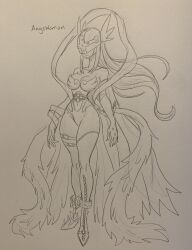 1girl angel angel_girl angewomon curvy digimon digimon_(creature) full_body head_wings highres long_hair mask podrace_explode sketch traditional_media wide_hips wings