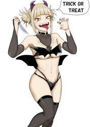 Rule 34 | 1girl, absurdres, blonde hair, blunt bangs, blush, boku no hero academia, double bun, english text, fangs, hair bun, halloween, halloween costume, highres, holding, holding knife, holding weapon, knife, messy hair, nail polish, open mouth, purple nails, sidelocks, solo, speech bubble, toga himiko, tongue, tongue out, trick or treat, weapon, yellow eyes