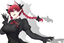 Rule 34 | 1girl, absurdres, animal ears, black gloves, braid, cat ears, corset, extra ears, gloves, highres, kaenbyou rin, nicutoka, open mouth, pointy ears, red eyes, red hair, solo, touhou, twin braids