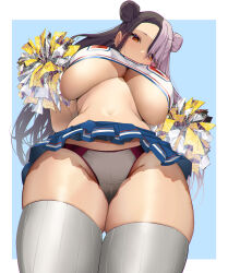 Rule 34 | 1girl, breasts, cheerleader, double bun, ear piercing, earrings, from below, groin, hair bun, highres, holding, holding pom poms, indie virtual youtuber, jewelry, large breasts, looking down, mole, mole under eye, multicolored hair, navel, panties, piercing, pom pom (cheerleading), pom pom (clothes), pom poms, red eyes, satou daiji, solo, split-color hair, stomach, stud earrings, thighhighs, thighs, towa (towa akqj10), two-tone hair, underboob, underwear, virtual youtuber, white thighhighs
