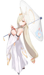 Rule 34 | 1girl, absurdres, animal ears, ass, back, bare shoulders, blonde hair, blue archive, breasts, detached sleeves, eyeliner, hair over one eye, hairband, highres, hikimayu, holding, holding umbrella, japanese clothes, kaho (blue archive), large breasts, long hair, looking at viewer, makeup, maria (syake-uni), miko, mole, mole under mouth, oil-paper umbrella, sideboob, simple background, smile, socks, solo, umbrella, very long hair, white background, white socks, yellow eyes