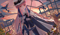 Rule 34 | 1girl, absurdres, arknights, bird, black bow, blue dress, blue feathers, bow, brown eyes, ceylon (arknights), cloud, dress, feather hair, feathers, gloves, hat, hat bow, highres, holding, holding umbrella, long hair, looking at viewer, nosttat, outdoors, pink hair, plant, sitting, solo, sunset, umbrella, very long hair, white gloves, white hat, white umbrella