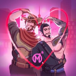 Rule 34 | 2boys, arm tattoo, armpits, beard, belt, black hair, blush, brown eyes, brown gloves, brown hair, brown pants, cassidy (overwatch), closed mouth, cowboy, cowboy hat, facial hair, florida mayhem, gloves, hair between eyes, hanzo (overwatch), hat, heart, heart arms duo, height difference, highres, japanese clothes, josem arts, logo, looking at viewer, male focus, multiple boys, muscular, nipples, overwatch, overwatch 1, overwatch league, pants, pectorals, pink background, ponytail, second-party source, short hair, smile, tattoo, upper body, western, yaoi