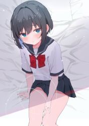 Rule 34 | 1girl, absurdres, bed sheet, black hair, blue sailor collar, blue skirt, blush, bow, bowtie, colored inner hair, commentary request, feet out of frame, green eyes, highres, looking at viewer, looking up, midorikawa (tawf5452), miniskirt, multicolored hair, on bed, original, pillow, pleated skirt, red bow, red bowtie, sailor collar, school uniform, serafuku, shirt, short hair, short sleeves, sitting, skirt, solo, thighs, uniform, white shirt