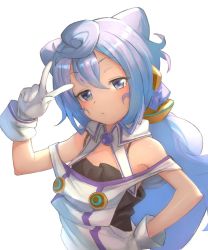 Rule 34 | 1boy, arm up, bare shoulders, blue hair, gloves, hacka doll, hacka doll 3, hair ornament, highres, long hair, looking at viewer, male focus, otsukemono, purple eyes, simple background, solo, trap, upper body, v, w, white background, white gloves