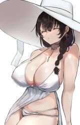 Rule 34 | 1girl, bare shoulders, bikini, black hair, blue hair, blush, braid, braided ponytail, breasts, choker, cleavage, closed eyes, closed mouth, collarbone, earrings, goddess of victory: nikke, hat, highres, jewelry, large breasts, long hair, mary (bay goddess) (nikke), mary (nikke), multicolored hair, pelvic curtain, pouch, sideboob, smile, solo, streaked hair, sun hat, swimsuit, syringe, thighs, unknownnoname0, white bikini, white hat