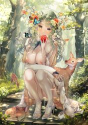 Rule 34 | 1girl, antlers, apple, bird, bird on hand, blue dress, blush, breasts, bug, butterfly, butterfly on head, ceres fauna, ceres fauna (1st costume), deer, dress, flower, food, forest, fruit, green eyes, green hair, hair flower, hair ornament, high heels, highres, holding, holding food, holding fruit, hololive, hololive english, horns, insect, large breasts, long hair, looking at viewer, miyu (miyulein), mole, mole under eye, nature, nipples, single thighhigh, sleeveless, sleeveless dress, thighhighs, virtual youtuber, white footwear, white thighhighs
