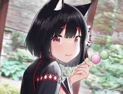 Rule 34 | 1girl, animal ears, azur lane, black hair, black kimono, blush, cat ears, cat girl, cat mask, chewing, commentary request, cotton kanzaki, dango, eating, food, food in mouth, from side, hair between eyes, hand up, highres, japanese clothes, kimono, long sleeves, looking at viewer, looking back, mask, mask on head, medium hair, pink eyes, red eyes, solo, upper body, wagashi, wide sleeves, yamashiro (azur lane)