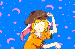 Rule 34 | 1girl, animal ears, blue background, cabbie hat, constricted pupils, crescent moon, drawing, easy breezy, eizouken ni wa te wo dasu na!, expressionless, frilled shirt collar, frills, hat, meme, moon, parody, r0salsky, rabbit ears, ringo (touhou), shirt, short sleeves, solo, star (symbol), touhou, wide-eyed, yellow shirt