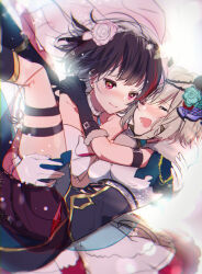 2girls :d aoba_moca arms_around_neck bang_dream! bare_shoulders black_gloves black_hair black_socks black_thighhighs breasts carrying closed_eyes closed_mouth dress elbow_gloves feet_out_of_frame flower fur-trimmed_gloves fur_trim gloves grey_hair hair_flower hair_ornament interlocked_fingers legs_up medium_breasts mitake_ran mizukikushou multicolored_hair multiple_girls open_mouth own_hands_together pleated_skirt princess_carry purple_skirt red_eyes red_hair rose shirt single_sock single_thighhigh sketch skirt smile socks strapless strapless_dress streaked_hair tears thighhighs torn_clothes torn_thighhighs white_dress white_flower white_gloves white_rose white_shirt