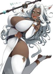 Rule 34 | 1girl, accio, animal ears, anklet, belt, bracelet, breasts, cat ears, cat tail, circlet, claws, cleavage, commentary request, dark-skinned female, dark skin, dress, fang, final fantasy, final fantasy xiv, fingernails, green eyes, highres, jewelry, large breasts, long hair, looking at viewer, miqo&#039;te, nail polish, open mouth, panties, side-tie panties, side slit, skindentation, sleeveless, sleeveless dress, slit pupils, solo, staff, sweatdrop, tail, thighhighs, translated, underwear, white hair, white panties, white thighhighs