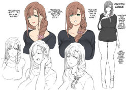 Rule 34 | 1girl, aiue oka, black shirt, braid, breasts, brown hair, character sheet, closed eyes, collarbone, family control, green eyes, hair over shoulder, hand on own chest, huge breasts, index finger raised, jewelry, long hair, looking at viewer, mature female, necklace, official art, oikawa amane, open mouth, pants, shirt, simple background, smile, white background