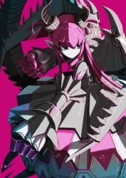 Rule 34 | 1girl, android, blue eyes, elizabeth bathory (fate), fate/extra, fate/extra ccc, fate/grand order, fate (series), horns, mecha eli-chan (fate), pink background, pink hair, pointy ears, robot, simple background, solo, stance, wings
