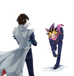 Rule 34 | 2boys, brown hair, crossed arms, dyed bangs, in the face, kaiba seto, male focus, medu (rubish), multicolored hair, multiple boys, muto yugi, purple hair, scarf, shoes, snow, snowball, snowball fight, white background, yami yugi, yu-gi-oh!, yu-gi-oh! duel monsters