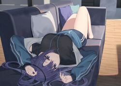 Rule 34 | 1girl, absurdres, angel no shousou, arms up, black shirt, blue archive, blue buruma, blue eyes, blue jacket, breasts, buruma, closed mouth, couch, halo, highres, jacket, large breasts, long hair, looking at viewer, lying, off shoulder, on back, on couch, open clothes, open jacket, purple hair, shirt, short sleeves, solo, thighs, track jacket, upside-down, yuuka (blue archive), yuuka (track) (blue archive)