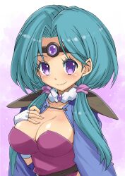 Rule 34 | 1girl, armor, blue cape, blue hair, breasts, cape, circlet, cleavage, closed mouth, collarbone, eyelashes, fingerless gloves, fingernails, gloves, hair intakes, hand on own chest, hand up, haou taikei ryuu knight, highres, light blue hair, long hair, looking at viewer, low twintails, medium breasts, muramasa mikado, paffy pafuricia, pauldrons, purple eyes, purple pupils, shoulder armor, smile, solo, split mouth, twintails, white gloves