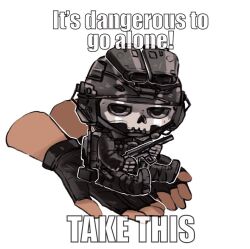 Rule 34 | 1boy, black gloves, black jacket, black pants, boots, call of duty, call of duty: modern warfare 2, chibi, english text, fingerless gloves, ghost (modern warfare 2), gloves, gun, helmet, holding, holding gun, holding weapon, impact (font), jacket, kaite xyxy, male focus, mask, mini person, miniboy, pants, skull mask, weapon