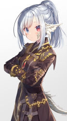 Rule 34 | 1girl, absurdres, au ra, warrior of light (ff14), belt, blue eyes, brown gloves, brown jacket, commentary request, crossed arms, dragon girl, dragon tail, expressionless, final fantasy, final fantasy xiv, gloves, gold trim, gradient background, grey background, heterochromia, highres, jacket, jewelry, looking at viewer, necklace, ponytail, red eyes, scales, silver hair, slit pupils, solo, tail, usamata, white background