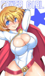 Rule 34 | 1girl, animification, arms behind head, arms up, blonde hair, blue eyes, breasts, cape, cleavage, cleavage cutout, clothing cutout, dc comics, kryptonian, large breasts, looking at viewer, mike (zinn6), power girl, red cape, short hair, simple background, smile, solo, star (symbol), superman (series), thighs, white background