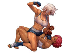 Rule 34 | 2girls, abs, absurdres, angry, battle, blazblue, blazblue: chronophantasma, blocking, breasts, bullet (blazblue), cirenk, crossover, dark-skinned female, dark skin, fingerless gloves, giovanna (guilty gear), girl on top, guilty gear, guilty gear strive, hand on another&#039;s chest, highres, medium breasts, mixed martial arts, mma gloves, multiple girls, pinned, punching, red hair, shiny skin, short hair, short shorts, shorts, simple background, sitting, sitting on person, socks, sports bra, sportswear, thighs, toned, white background, white hair