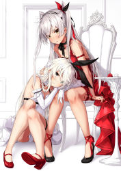 Rule 34 | 2girls, alternate costume, amatsukaze (kancolle), black eyes, black footwear, blush, breasts, chair, choker, commentary request, criss-cross halter, dress, elbow gloves, eyes visible through hair, gloves, hair ornament, hair ribbon, hairband, halterneck, high heels, highres, kantai collection, lap pillow, long hair, multiple girls, open mouth, red dress, red footwear, ribbon, ribbon choker, shimakaze (kancolle), sitting, sleeveless, sleeveless dress, small breasts, smile, takanashi kei (hitsujikan), two side up, white dress, white gloves, white hair, yellow eyes