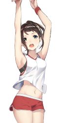 Rule 34 | 1girl, armpits, basketball, brown hair, jersey, midriff, navel, open mouth, original, ponytail, shorts, simple background, solo, sports bra, throwing, weee (raemz), white background, wristband