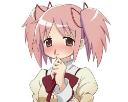 Rule 34 | 10s, 1girl, bleeding, blood, blood on clothes, blush, bow, hand to own mouth, kaname madoka, mahou shoujo madoka magica, mahou shoujo madoka magica (anime), monono hazumi, nosebleed, pink eyes, pink hair, portrait, school uniform, short hair, simple background, solo, twintails