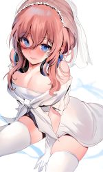 Rule 34 | 1girl, absurdres, between legs, blue eyes, blush, breasts, bridal veil, cleavage, closed mouth, dress, gloves, go-toubun no hanayome, hair between eyes, hand between legs, headphones, headphones around neck, highres, large breasts, long hair, looking at viewer, nakano miku, off shoulder, red hair, sidelocks, sitting, solo, thighhighs, veil, wedding dress, white dress, white gloves, white thighhighs, zerocat