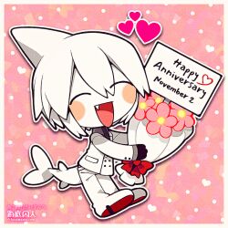 Rule 34 | 1boy, ^ ^, artist name, black gloves, blush stickers, border, bow, chibi, closed eyes, colored skin, commission, commissioner name, fang, fins, fish tail, funamusea, funamusea (artist), gloves, happy anniversary, heart, necktie, official art, oounabara to wadanohara, open mouth, pants, pink background, polka dot, polka dot background, red bow, shark boy, shark fin, shark tail, skeb commission, solo, syake (funamusea), tail, white border, white footwear, white pants, white skin