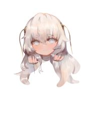 Rule 34 | 1girl, absurdres, bad id, bad pixiv id, bandaged neck, bandages, blue nails, closed mouth, disembodied hand, dokomon, girls&#039; frontline, grey eyes, grey hair, hair between eyes, hair ornament, hands up, head, highres, long hair, looking at viewer, nail polish, ribeyrolles (girls&#039; frontline), simple background, smile, solo, thick eyebrows, white background