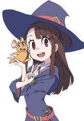 Rule 34 | 1girl, :d, animal, animalization, belt, blue headwear, blue neckwear, brown hair, dual persona, flat color, from side, half updo, hands together, hands up, hat, holding, holding animal, kagari atsuko, little witch academia, long hair, long sleeves, looking at viewer, luna nova school uniform, midiman, mouse (animal), open mouth, pink eyes, round teeth, school uniform, smile, swept bangs, tareme, teeth, transparent background, upper body, upper teeth only, v, wide sleeves, witch hat