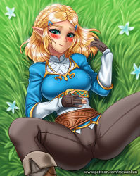 Rule 34 | 1girl, black gloves, blonde hair, blue shirt, blush, boots, braid, brown gloves, brown pants, closed mouth, day, fingerless gloves, fingernails, flower, french braid, gloves, grass, green eyes, hair ornament, hairclip, long sleeves, looking at viewer, lying, nintendo, on back, outdoors, pants, parted bangs, pointy ears, presenting, princess zelda, racoon-kun, shirt, short hair, smile, solo, spread legs, the legend of zelda, the legend of zelda: breath of the wild, tight clothes, tight pants