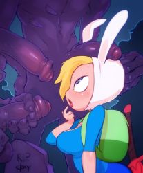 Rule 34 | 1girl, 3boys, adventure time, animal hood, artist name, backpack, bag, blonde hair, blue eyes, blue shirt, breasts, clothed female nude male, doxy, erection, fionna campbell, foreskin, from side, hat, hetero, hood, medium breasts, multiple boys, nude, open mouth, penis, penis hold, penis on head, phimosis, rabbit hood, sheath, sheathed, shirt, short sleeves, sword, tombstone, tongue, uncensored, upper body, weapon