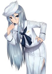 Rule 34 | 1girl, blouse, blue eyes, blue neckerchief, closed mouth, commentary, dixie cup hat, flint (girls und panzer), girls und panzer, hand on own hip, hat, highres, kakimoto nao, leaning forward, long hair, long skirt, long sleeves, looking at viewer, military hat, neckerchief, ooarai naval school uniform, pleated skirt, pointing, pointing at self, sailor, sailor collar, school uniform, shirt, side slit, silver hair, simple background, skirt, smile, solo, standing, white background, white hat, white shirt, white skirt