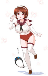 Rule 34 | 1girl, black neckerchief, breasts, brown buruma, brown hair, brown sailor collar, buruma, character request, commentary request, dated, detached sleeves, fish, full body, hairband, kantai collection, large breasts, masara (chuujou), natori (kancolle), navel, neckerchief, one-hour drawing challenge, sailor collar, school uniform, serafuku, shirt, short hair, sleeveless, sleeveless shirt, thighhighs, twitter username, v, v over eye, white hairband, white thighhighs